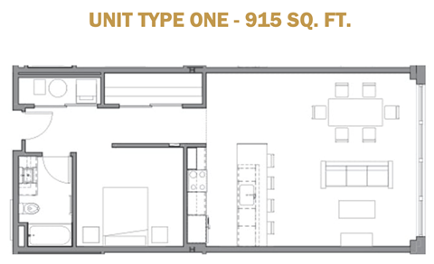 Floor plan for 1 bed, 1 bath, 915 sqft
